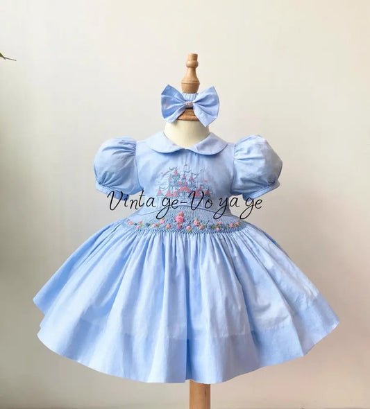 PRE-ORDER & GET NEXT WEEK❣️NEW👑DIANA SKY BLUE HAND-SMOCKED🧵🪡& EMBROIDERED DRESS & BOWS OR HEADBAND 🎀🎀 3M Baby & Toddler