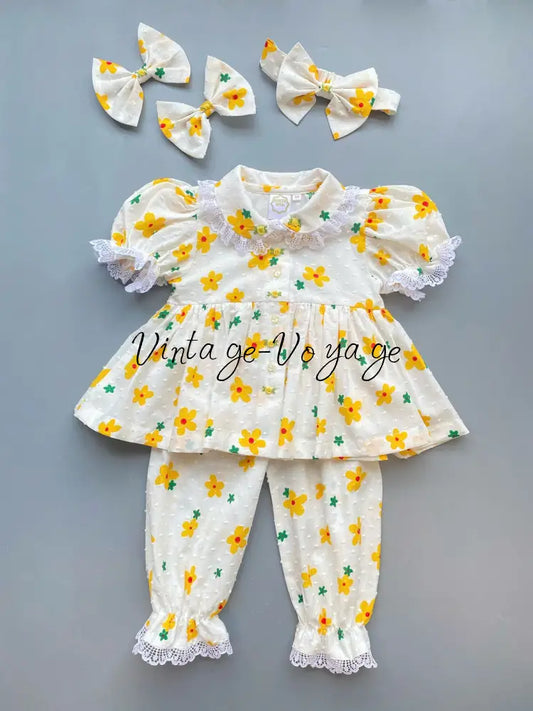 PRE-ORDER & GET NEXT WEEK🤩NEW😍DORIS SWISS DOT LEMON FLOWER HAND EMBROIDERED PYJAMA & HAIR BOWS🎀 3m pyjama set