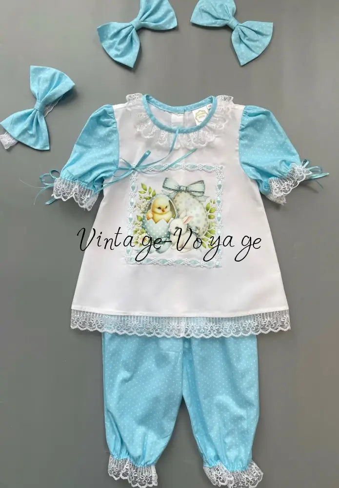 PRE-ORDER & GET NEXT WEEK🤩NEW🩵EASTER 🐣GIRLS PRINT & LACE☀️PYJAMA & BOWS SET🎀 3m pyjama set