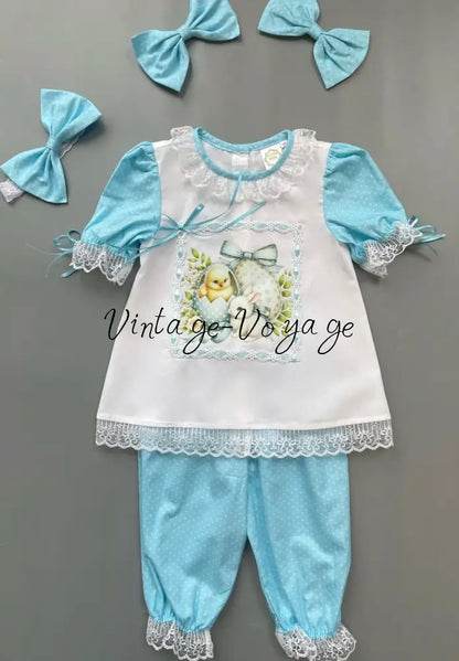 PRE-ORDER & GET NEXT WEEK🤩NEW🩵EASTER 🐣GIRLS PRINT & LACE☀️PYJAMA & BOWS SET🎀 3m pyjama set