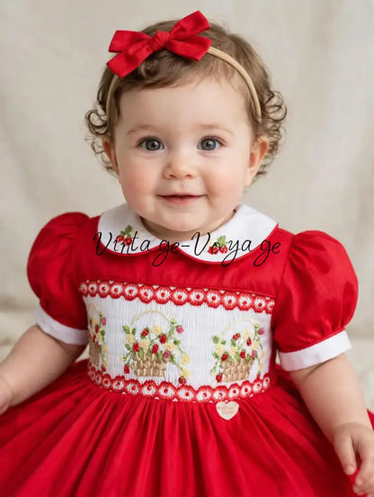 PRE-ORDER & GET NEXT WEEK! NEW! ELIZABETH STRAWBERRY BASKET HAND-SMOCKED DRESS & ACCESSORIES - 6m - Baby & Toddler