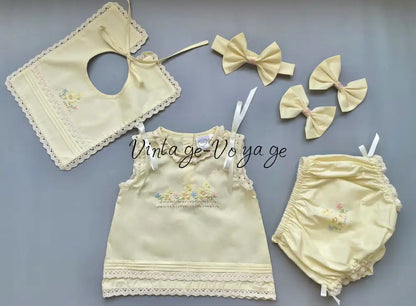 PRE-ORDER&GET NEXT WEEK🤩NEW❣️ELSA PALE LEMON☀️🐥FOUR-PIECE HAND-EMBROIDERED🧵🪡BABY OUTFIT🎀 NB-1M Baby & Toddler Outfits