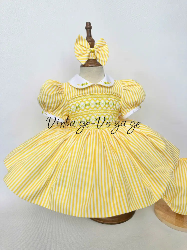PRE-ORDER & GET NEXT WEEK! NEW! EMMA LEMON STRIPES HAND-SMOCKED🧵🪡DRESS,PANTIES(3M-24M) & HAIR ACCESSORIES🎀 Baby &