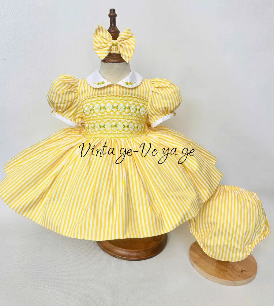 PRE-ORDER & GET NEXT WEEK! NEW! EMMA LEMON STRIPES HAND-SMOCKED🧵🪡DRESS,PANTIES(3M-24M) & HAIR ACCESSORIES🎀 3M Baby &