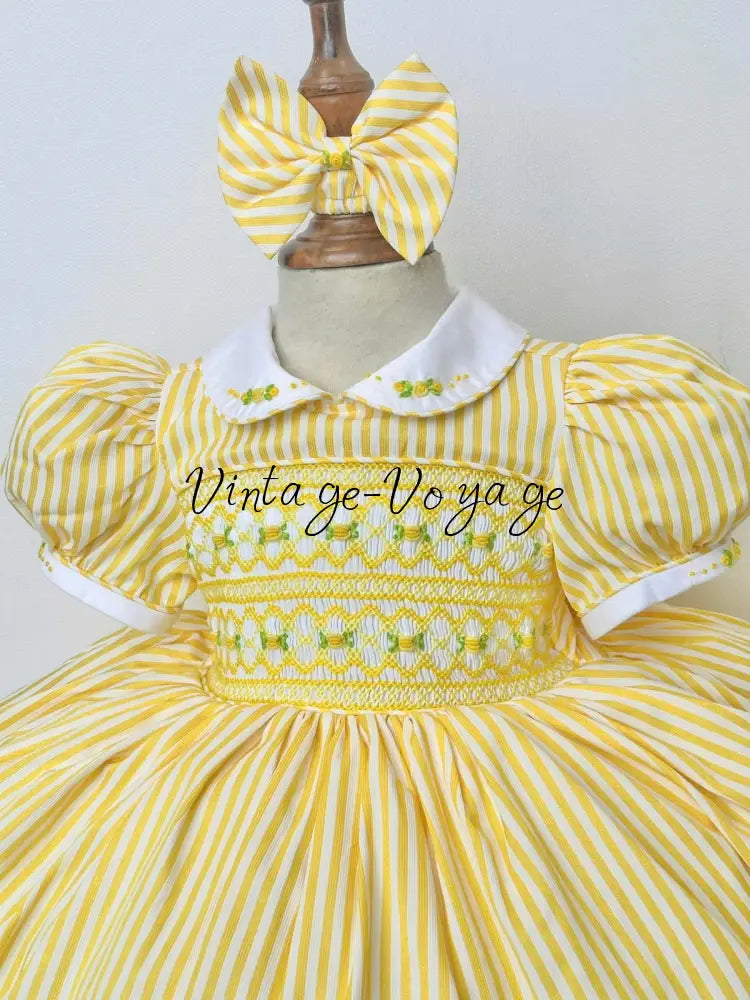 PRE-ORDER & GET NEXT WEEK! NEW! EMMA LEMON STRIPES HAND-SMOCKED🧵🪡DRESS,PANTIES(3M-24M) & HAIR ACCESSORIES🎀 Baby &
