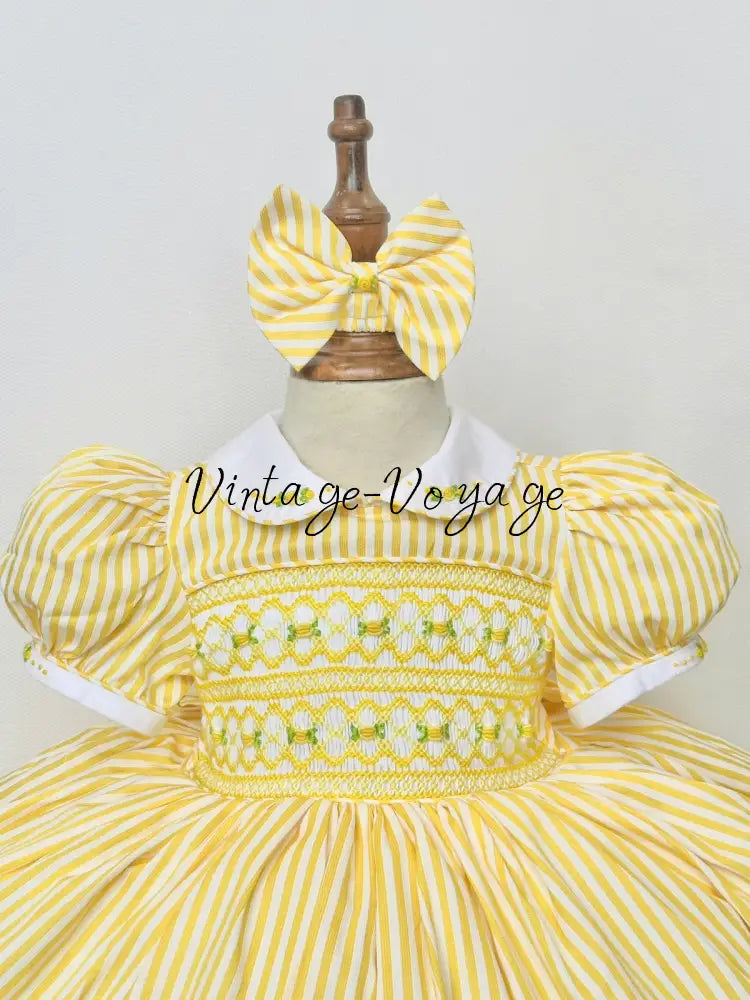 PRE-ORDER & GET NEXT WEEK! NEW! EMMA LEMON STRIPES HAND-SMOCKED🧵🪡DRESS,PANTIES(3M-24M) & HAIR ACCESSORIES🎀 Baby &