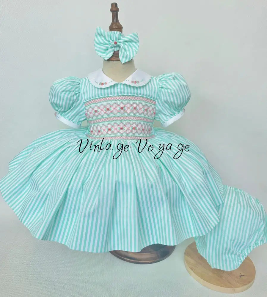 PRE-ORDER & GET NEXT WEEK! NEW! EMMA MINT STRIPES HAND-SMOCKED🧵🪡DRESS,PANTIES(3M-24M) & HAIR ACCESSORIES🎀 Baby &