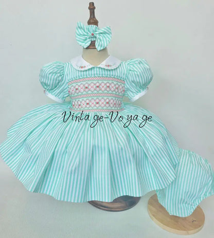 PRE-ORDER & GET NEXT WEEK! NEW! EMMA MINT STRIPES HAND-SMOCKED🧵🪡DRESS,PANTIES(3M-24M) & HAIR ACCESSORIES🎀 Baby &