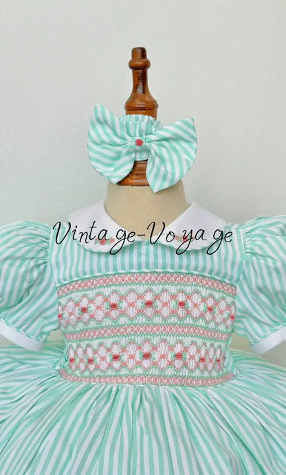 PRE-ORDER & GET NEXT WEEK! NEW! EMMA MINT STRIPES HAND-SMOCKED🧵🪡DRESS,PANTIES(3M-24M) & HAIR ACCESSORIES🎀 Baby &
