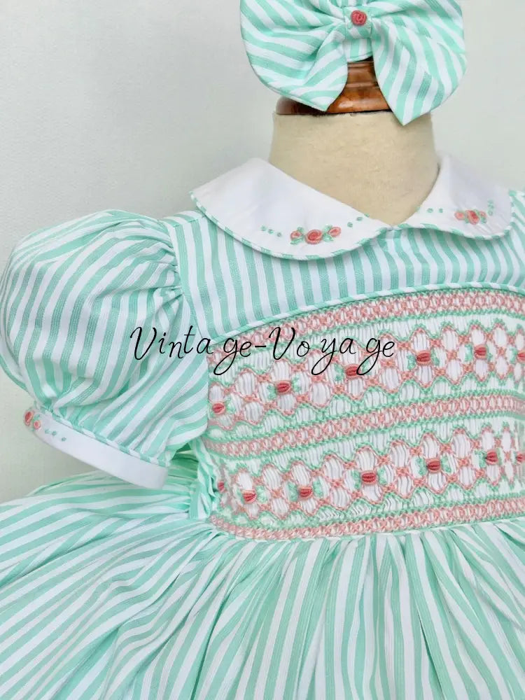 PRE-ORDER & GET NEXT WEEK! NEW! EMMA MINT STRIPES HAND-SMOCKED🧵🪡DRESS,PANTIES(3M-24M) & HAIR ACCESSORIES🎀 Baby &