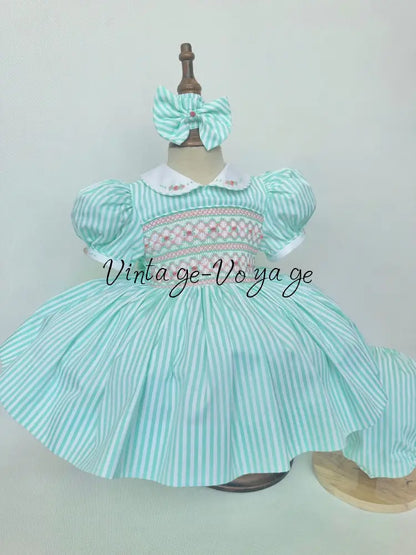 PRE-ORDER & GET NEXT WEEK! NEW! EMMA MINT STRIPES HAND-SMOCKED🧵🪡DRESS,PANTIES(3M-24M) & HAIR ACCESSORIES🎀 Baby &
