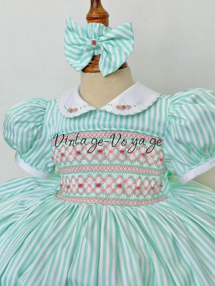 PRE-ORDER & GET NEXT WEEK! NEW! EMMA MINT STRIPES HAND-SMOCKED🧵🪡DRESS,PANTIES(3M-24M) & HAIR ACCESSORIES🎀 3M Baby &