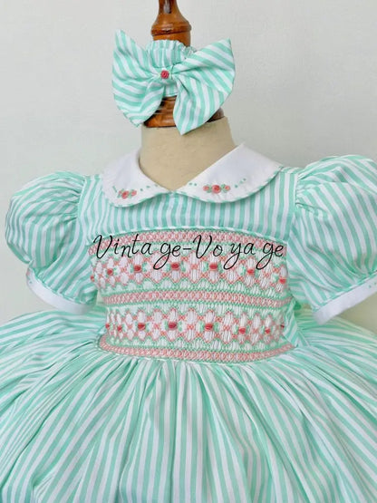 PRE-ORDER & GET NEXT WEEK! NEW! EMMA MINT STRIPES HAND-SMOCKED🧵🪡DRESS,PANTIES(3M-24M) & HAIR ACCESSORIES🎀 3M Baby &