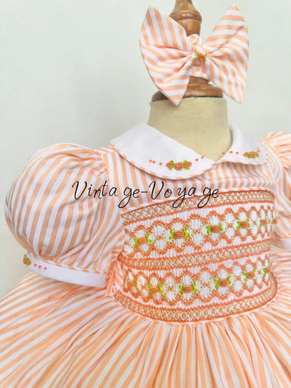 PRE-ORDER & GET NEXT WEEK! NEW! EMMA PEACHY/ORANGE STRIPES HAND-SMOCKED🧵🪡DRESS,PANTIES(3M-24M) & HAIR ACCESSORIES🎀 Baby
