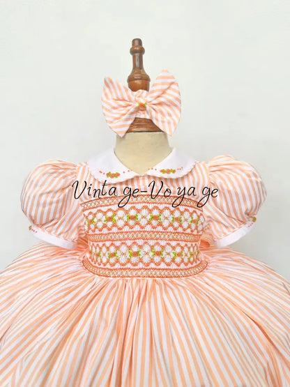 PRE-ORDER & GET NEXT WEEK! NEW! EMMA PEACHY/ORANGE STRIPES HAND-SMOCKED🧵🪡DRESS,PANTIES(3M-24M) & HAIR ACCESSORIES🎀 Baby