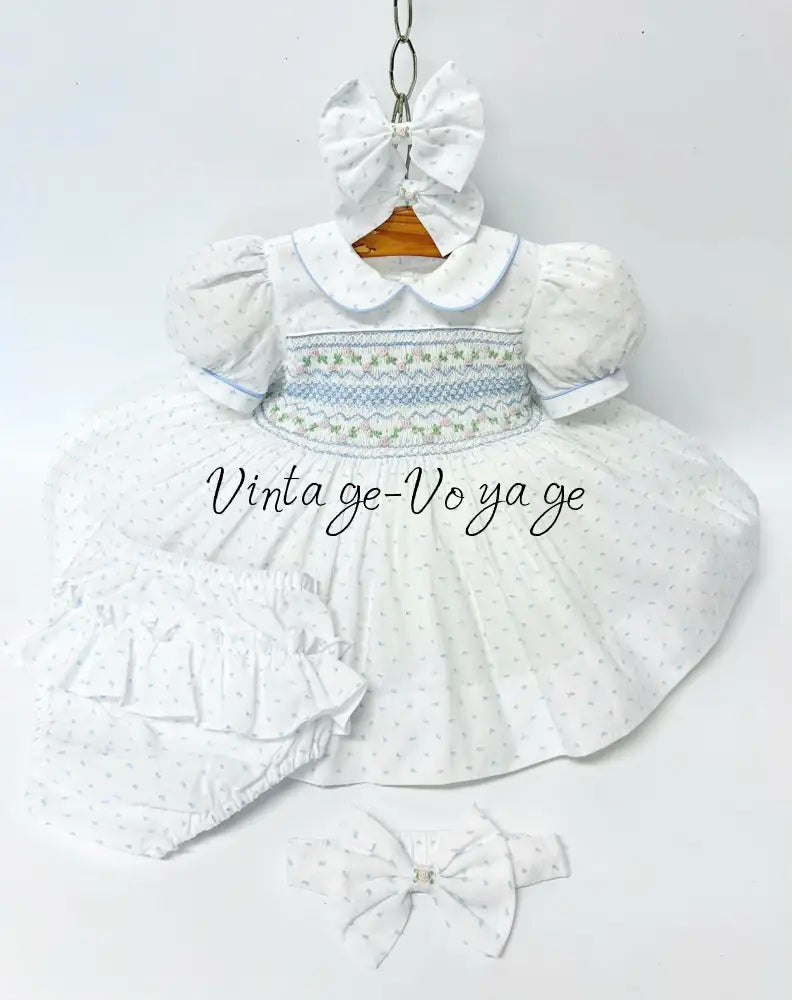 PRE-ORDER & GET NEXT WEEK‼️NEW💞EVELYN SWISS DOT BLUE HAND-SMOCKED🧵🪡DRESS PANTIES & HAIR ACCESSORIES🎀 - 3 months - Baby