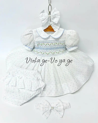 PRE-ORDER & GET NEXT WEEK‼️NEW💞EVELYN SWISS DOT BLUE HAND-SMOCKED🧵🪡DRESS PANTIES & HAIR ACCESSORIES🎀 - 3 months - Baby
