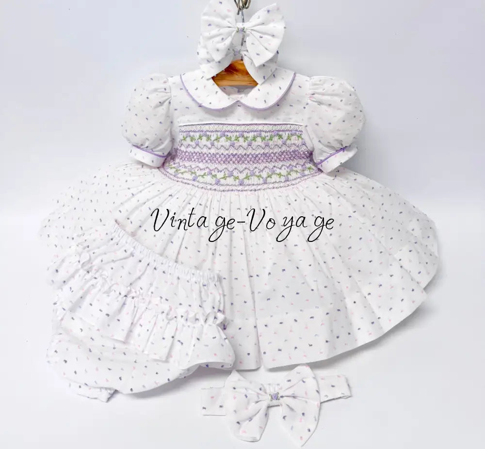 PRE-ORDER & GET NEXT WEEK‼️NEW💞EVELYN SWISS DOT LILAC HAND-SMOCKED🧵🪡DRESS PANTIES & HAIR ACCESSORIES🎀 - 3 months - Baby