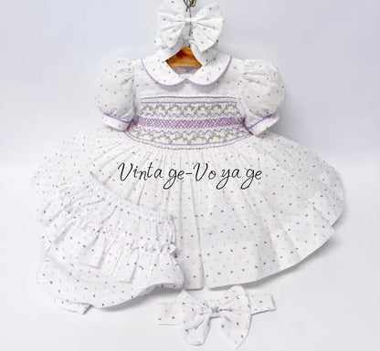 PRE-ORDER & GET NEXT WEEK‼️NEW💞EVELYN SWISS DOT LILAC HAND-SMOCKED🧵🪡DRESS PANTIES & HAIR ACCESSORIES🎀 - 3 months - Baby