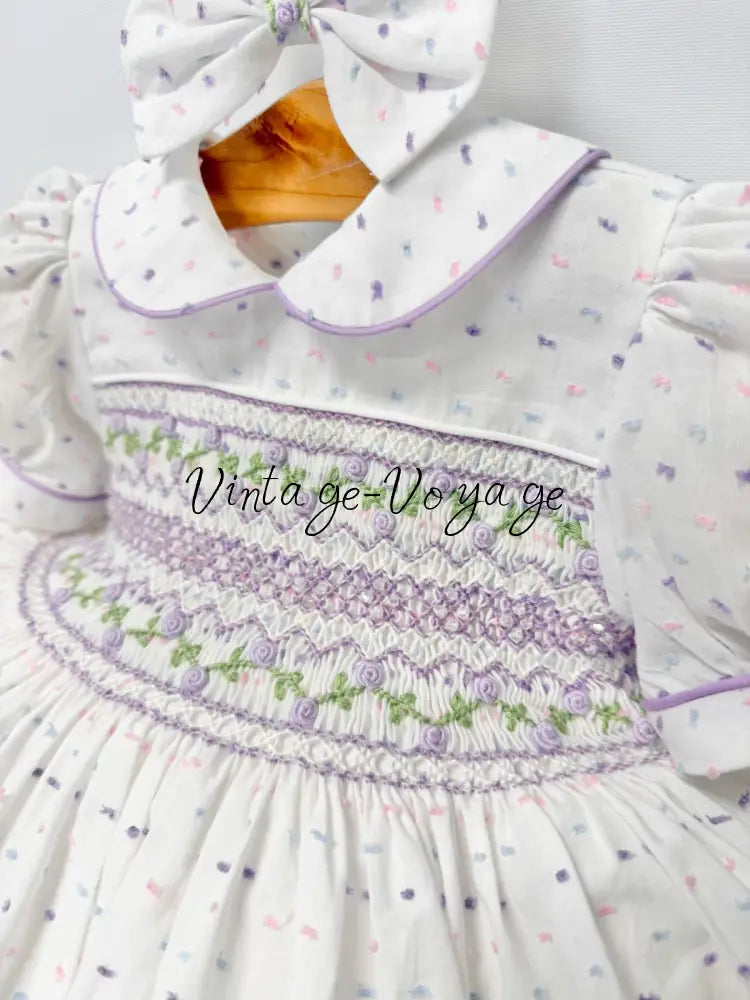 PRE-ORDER & GET NEXT WEEK‼️NEW💞EVELYN SWISS DOT LILAC HAND-SMOCKED🧵🪡DRESS PANTIES & HAIR ACCESSORIES🎀 - Baby & Toddler