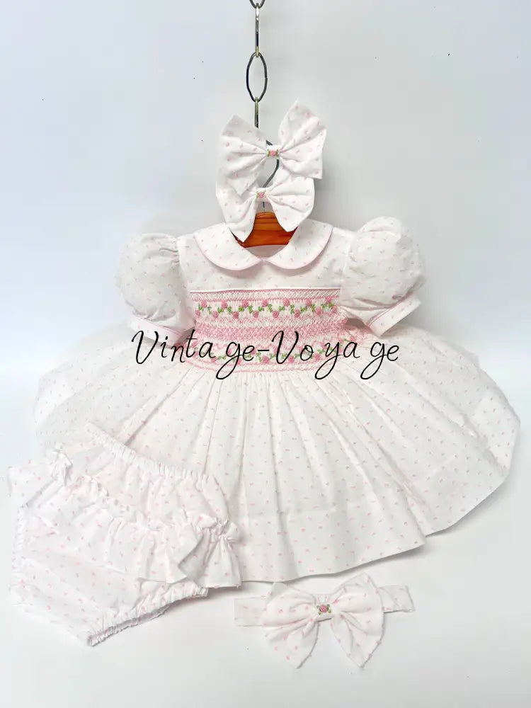 PRE-ORDER & GET NEXT WEEK! NEW! EVELYN SWISS DOT PINK HAND-SMOCKED DRESS PANTIES & HAIR ACCESSORIES - 3 months - Baby &