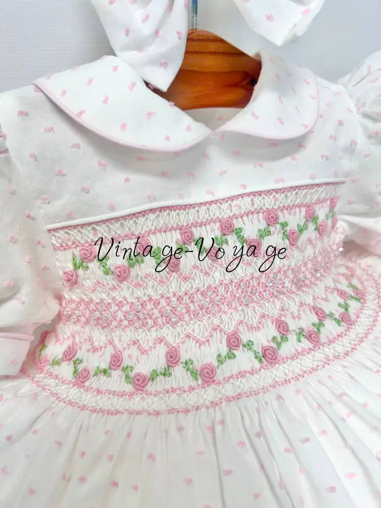 PRE-ORDER & GET NEXT WEEK! NEW! EVELYN SWISS DOT PINK HAND-SMOCKED DRESS PANTIES & HAIR ACCESSORIES - Baby & Toddler
