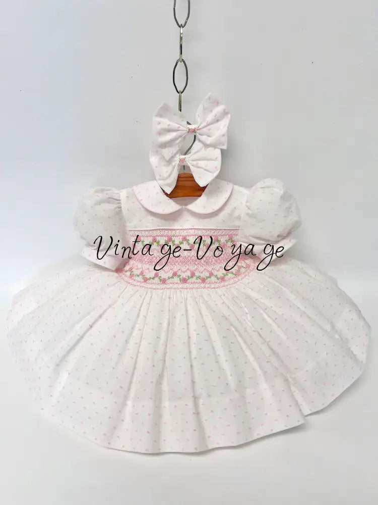 PRE-ORDER & GET NEXT WEEK! NEW! EVELYN SWISS DOT PINK HAND-SMOCKED DRESS PANTIES & HAIR ACCESSORIES - Baby & Toddler