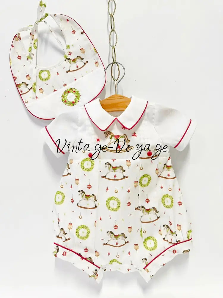 PRE-ORDER & GET NEXT WEEK! NEW! FESTIVE FUN HAND-EMBROIDERED BABY BOYS ROMPER & BIB SET Baby & Toddler Outfits