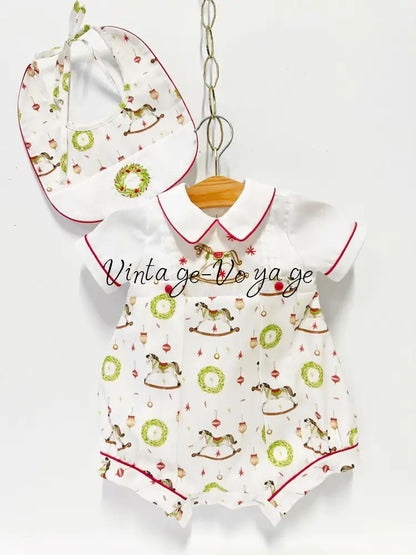 PRE-ORDER & GET NEXT WEEK! NEW! FESTIVE FUN HAND-EMBROIDERED BABY BOYS ROMPER & BIB SET Baby & Toddler Outfits