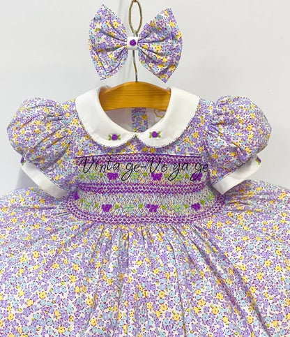 PRE-ORDER & GET NEXT WEEK! NEW FLORA DITSY FLORAL HAND-SMOCKED🧵🪡👑DRESS,PANTIES & HAIR ACCESSORIES🎀 6-9 months Baby &