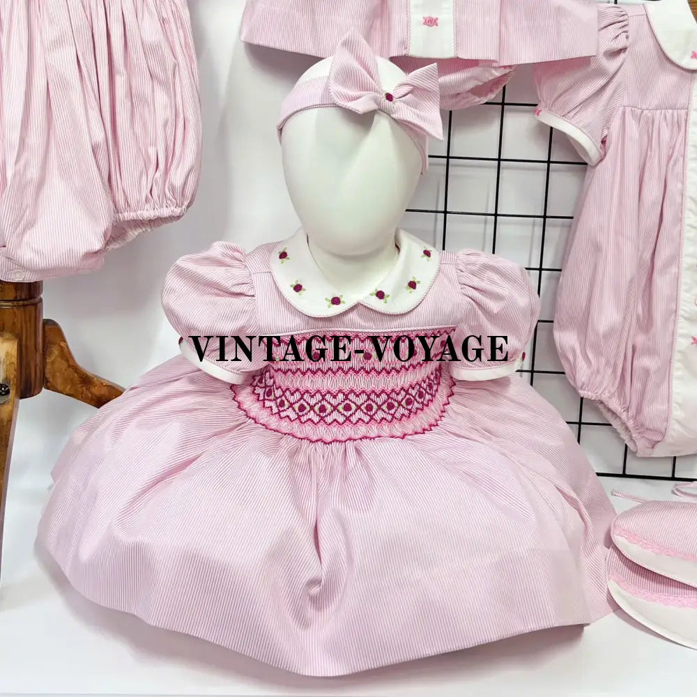 PRE-ORDER & GET NEXT WEEK!NEW😍GLADYS HAND-SMOCKED🧵🪡PINK STRIPES🌷DRESS & HAIR BOWS🎀🎀 Baby & Toddler Dresses