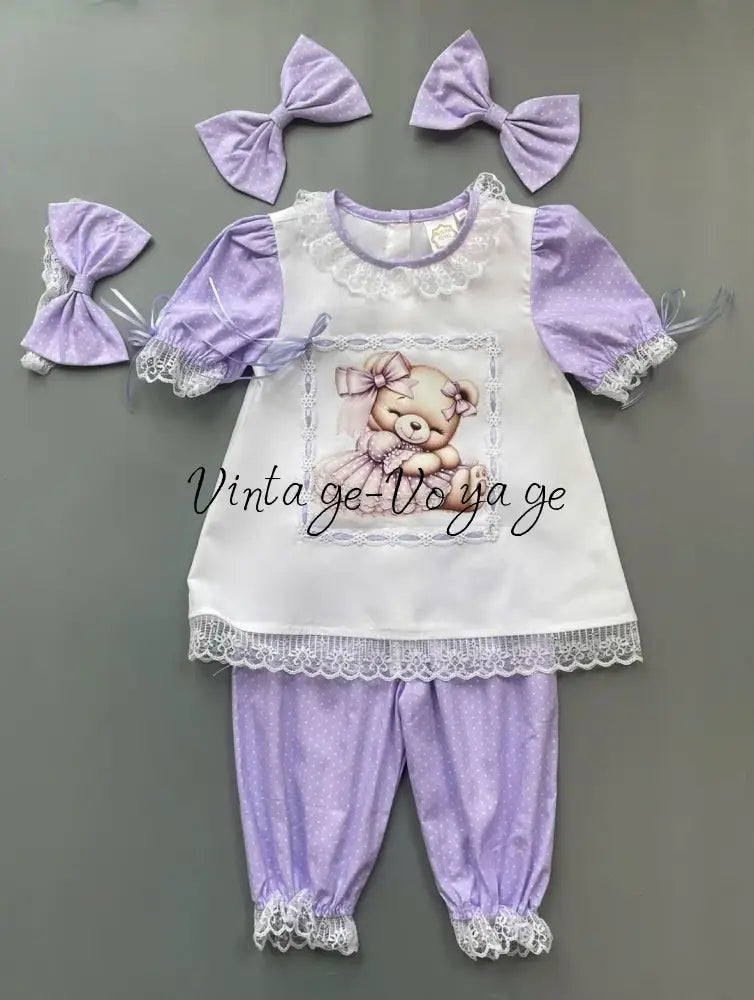 PRE-ORDER & GET NEXT WEEK🤩NEW😍LILAC TEDDY💜GIRLS PRINT & LACE PYJAMA & BOWS SET🎀 3M pyjama set