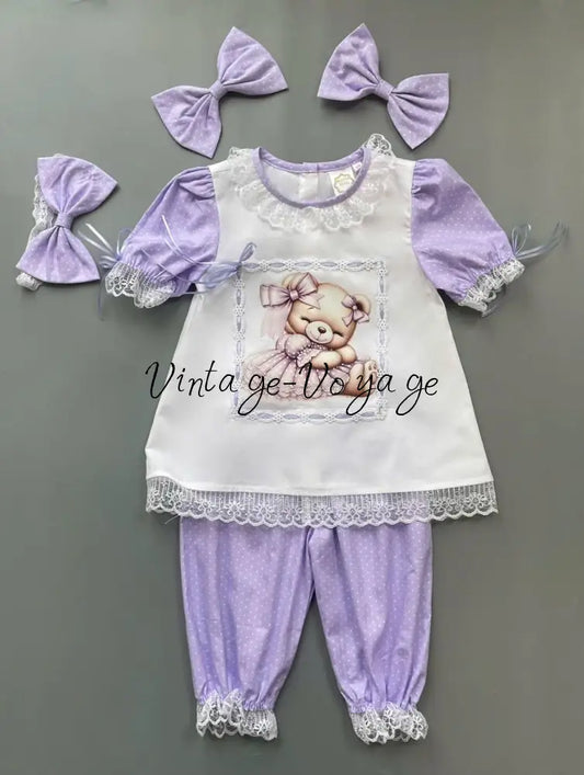 PRE-ORDER & GET NEXT WEEK🤩NEW😍LILAC TEDDY💜GIRLS PRINT & LACE PYJAMA & BOWS SET🎀 3M pyjama set