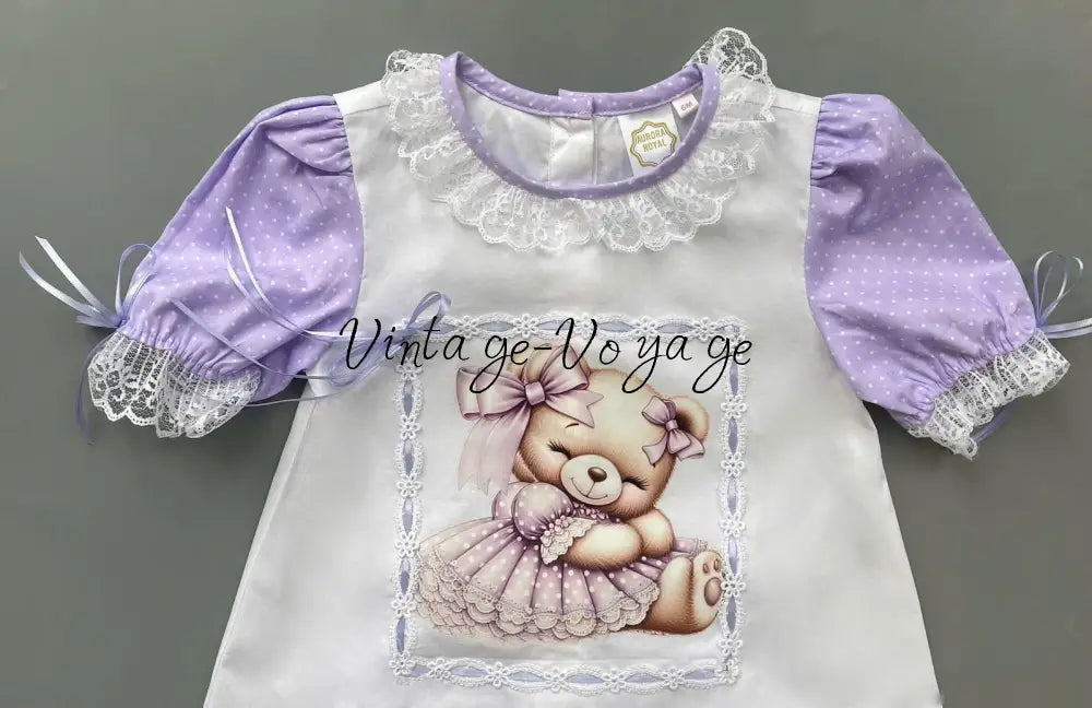 PRE-ORDER & GET NEXT WEEK🤩NEW😍LILAC TEDDY💜GIRLS PRINT & LACE PYJAMA & BOWS SET🎀 pyjama set
