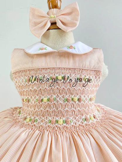 PRE-ORDER & GET NEXT WEEK!NEW! LIZZY PEACH PINSTRIPE HAND-SMOCKED DRESS PANTIES & HAIR BOWS OR HEADBAND - Baby &