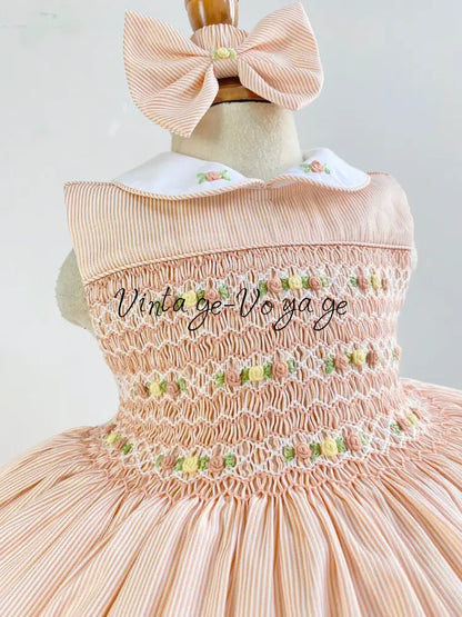 PRE-ORDER & GET NEXT WEEK!NEW! LIZZY PEACH PINSTRIPE HAND-SMOCKED DRESS PANTIES & HAIR BOWS OR HEADBAND - Baby &