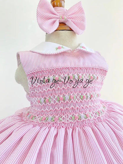 PRE-ORDER & GET NEXT WEEK!NEW! LIZZY PINK PINSTRIPE HAND-SMOCKED DRESS PANTIES & HAIR BOWS OR HEADBAND - Baby & Toddler