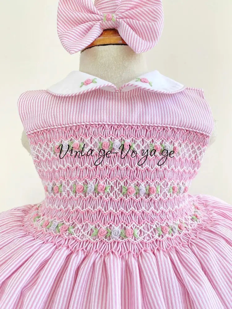 PRE-ORDER & GET NEXT WEEK!NEW! LIZZY PINK PINSTRIPE HAND-SMOCKED DRESS PANTIES & HAIR BOWS OR HEADBAND - Baby & Toddler