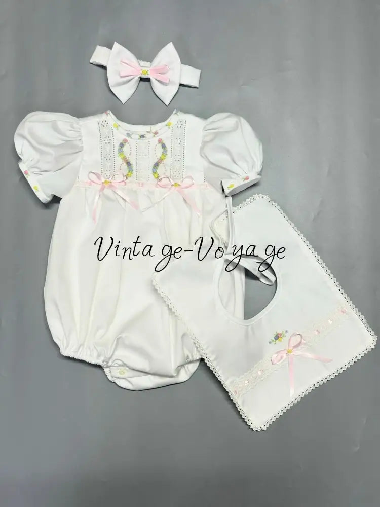 PRE-ORDER & GET NEXT WEEK! NEW! LOLA ECRU & PINK 🧚HAND-EMBROIDERED🧵🪡BABYSUIT BIB AND HEADBAND🎀 Baby & Toddler Outfits