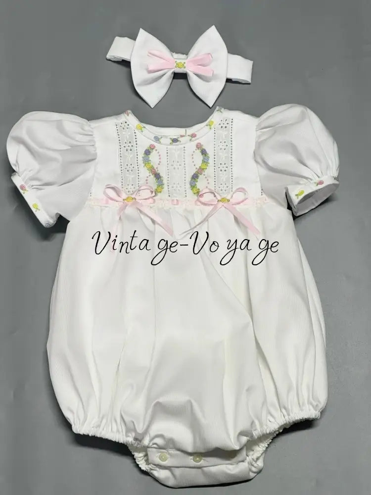 PRE-ORDER & GET NEXT WEEK! NEW! LOLA ECRU & PINK 🧚HAND-EMBROIDERED🧵🪡BABYSUIT BIB AND HEADBAND🎀 Baby & Toddler Outfits