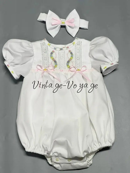 PRE-ORDER & GET NEXT WEEK! NEW! LOLA ECRU & PINK 🧚HAND-EMBROIDERED🧵🪡BABYSUIT BIB AND HEADBAND🎀 Baby & Toddler Outfits