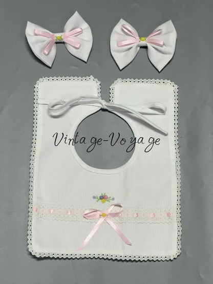 PRE-ORDER & GET NEXT WEEK! NEW! LOLA ECRU & PINK 🧚HAND-EMBROIDERED🧵🪡BABYSUIT BIB AND HEADBAND🎀 Baby & Toddler Outfits
