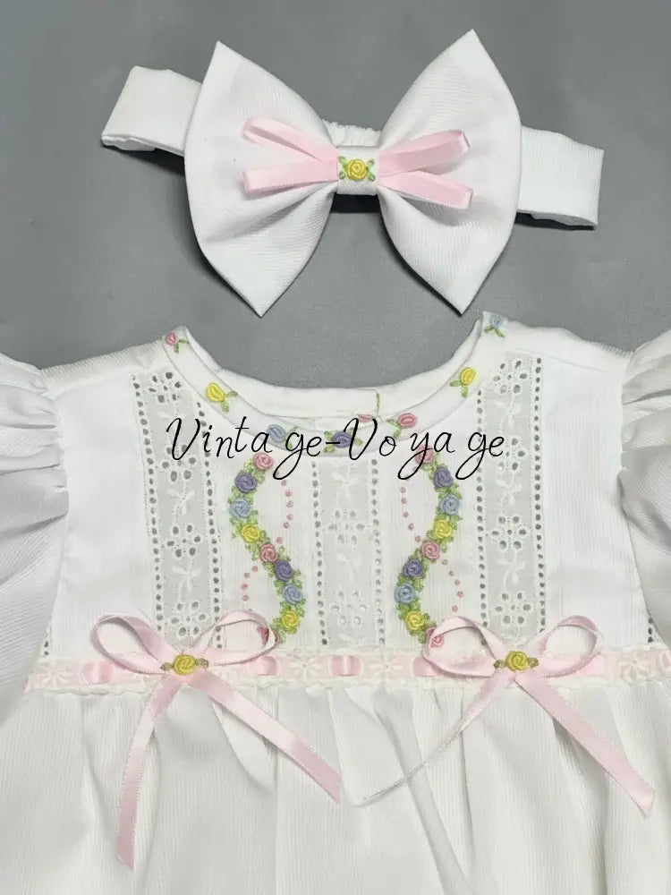 PRE-ORDER & GET NEXT WEEK! NEW! LOLA ECRU & PINK 🧚HAND-EMBROIDERED🧵🪡BABYSUIT BIB AND HEADBAND🎀 Baby & Toddler Outfits