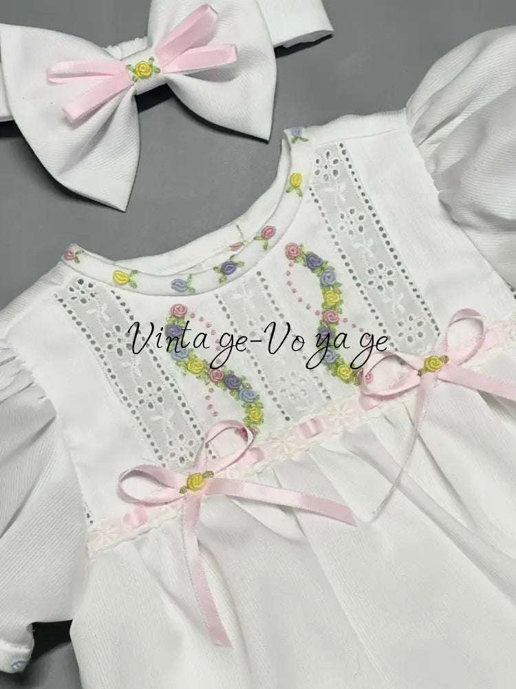 PRE-ORDER & GET NEXT WEEK! NEW! LOLA ECRU & PINK 🧚HAND-EMBROIDERED🧵🪡BABYSUIT BIB AND HEADBAND🎀 Baby & Toddler Outfits