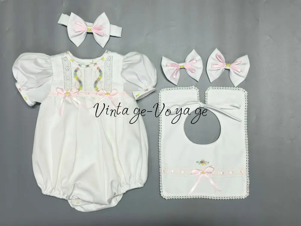 PRE-ORDER & GET NEXT WEEK! NEW! LOLA ECRU & PINK 🧚HAND-EMBROIDERED🧵🪡BABYSUIT BIB AND HEADBAND🎀 NB-1M Baby & Toddler
