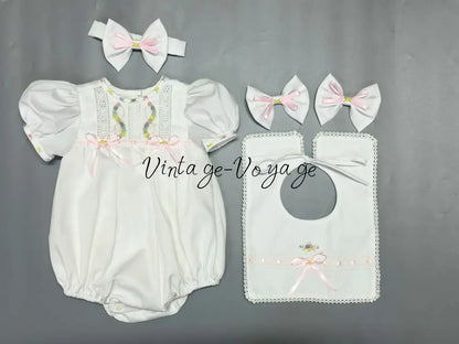 PRE-ORDER & GET NEXT WEEK! NEW! LOLA ECRU & PINK 🧚HAND-EMBROIDERED🧵🪡BABYSUIT BIB AND HEADBAND🎀 NB-1M Baby & Toddler