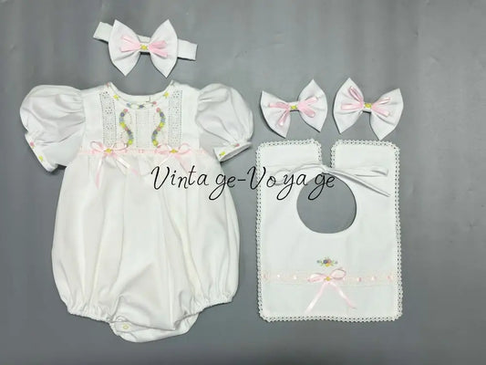 PRE-ORDER & GET NEXT WEEK! NEW! LOLA ECRU & PINK 🧚HAND-EMBROIDERED🧵🪡BABYSUIT BIB AND HEADBAND🎀 NB-1M Baby & Toddler