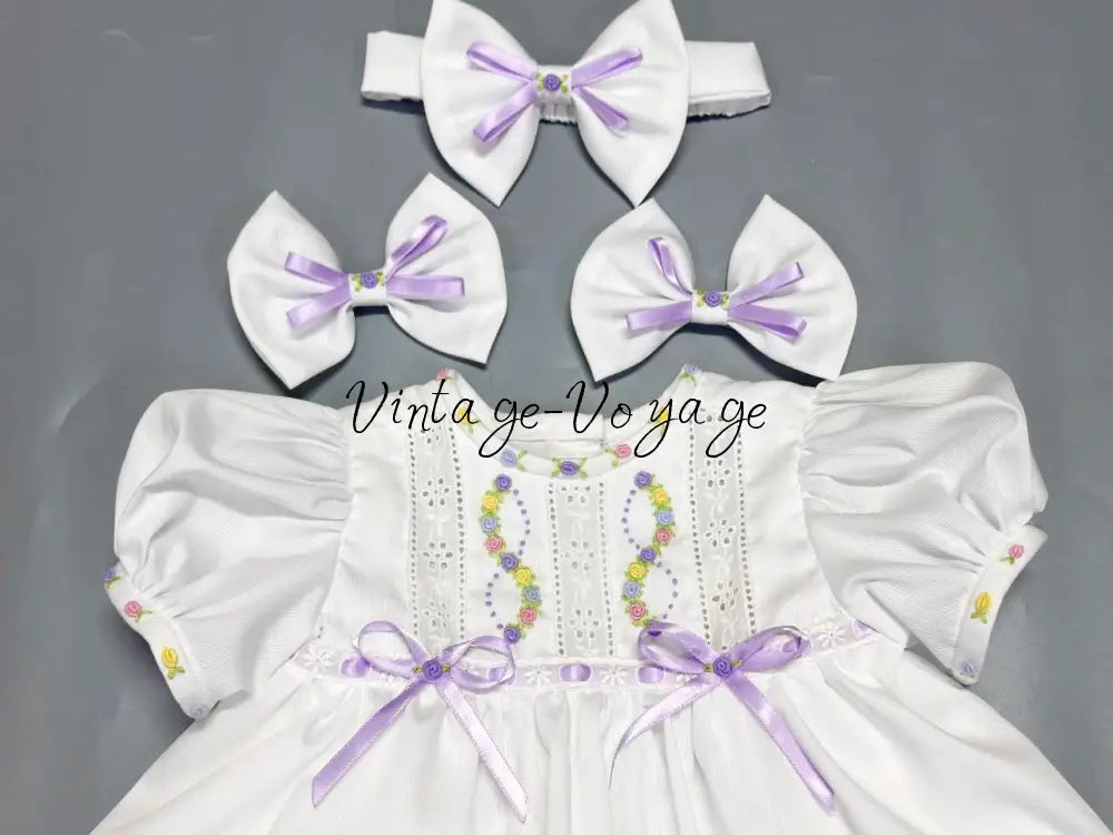 PRE-ORDER & GET NEXT WEEK! NEW! LOLITA ECRU & LILAC FOUR-PIECE HAND-EMBROIDERED🧵🪡BABY OUTFIT🎀 NB-1M Baby & Toddler