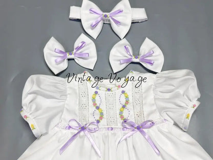 PRE-ORDER & GET NEXT WEEK! NEW! LOLITA ECRU & LILAC FOUR-PIECE HAND-EMBROIDERED🧵🪡BABY OUTFIT🎀 NB-1M Baby & Toddler