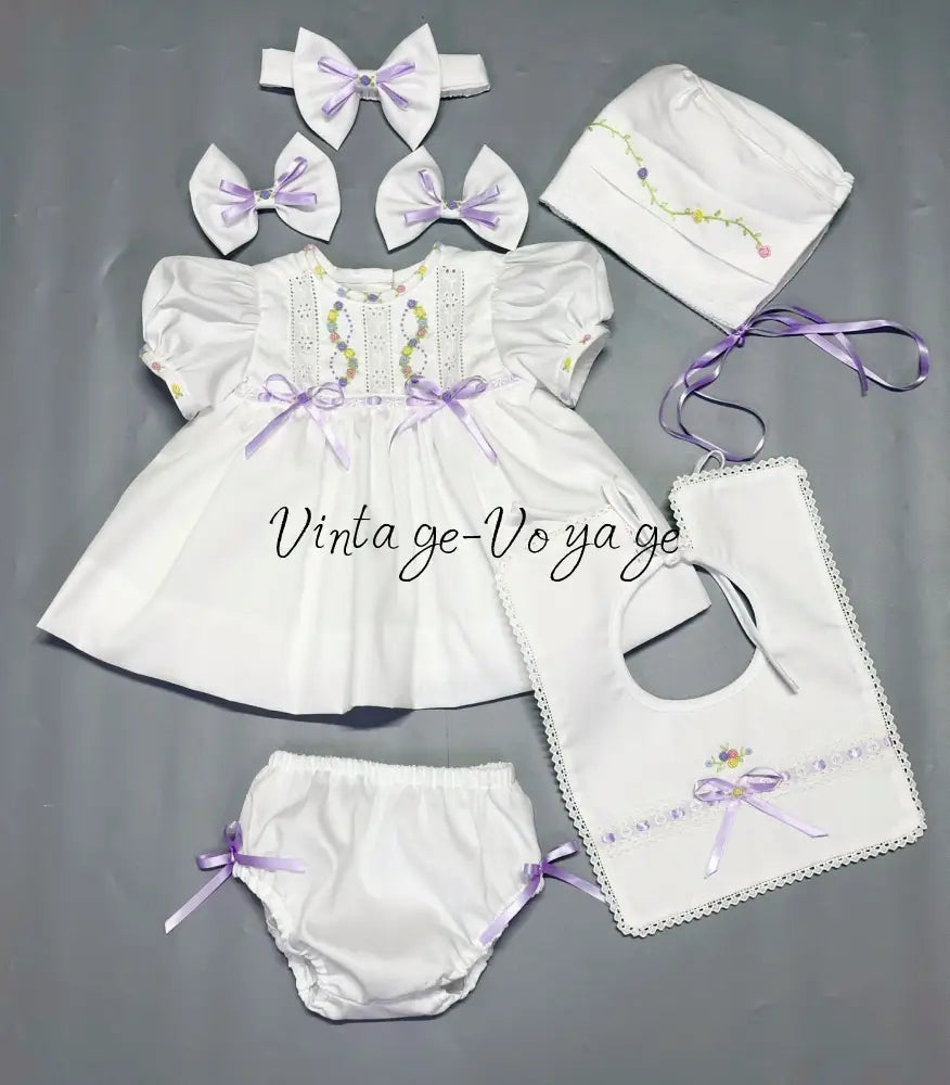 PRE-ORDER & GET NEXT WEEK! NEW! LOLITA ECRU & LILAC FOUR-PIECE HAND-EMBROIDERED🧵🪡BABY OUTFIT🎀 Baby & Toddler Outfits